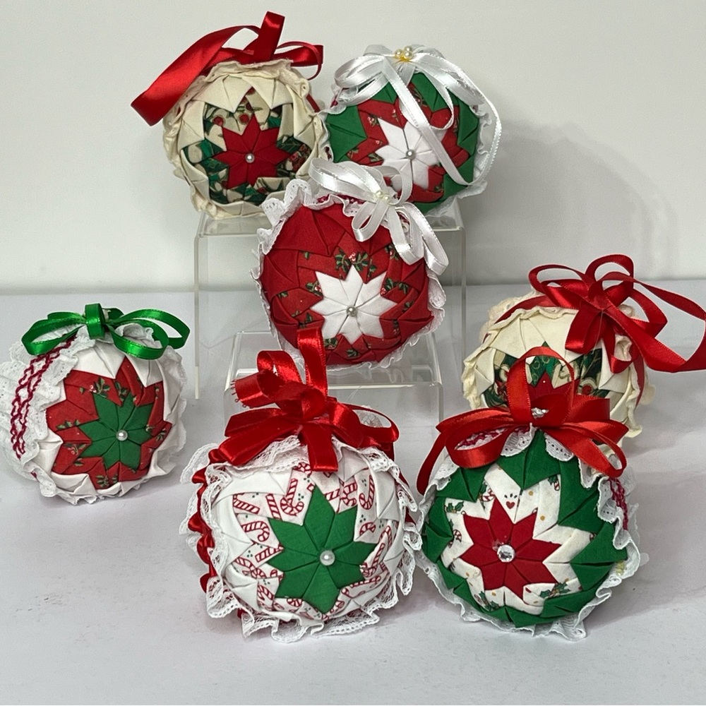 Vintage Handmade Folded Fabric Multicolor Christmas Ball‎ Ornaments Set of 7